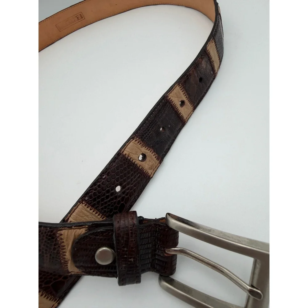 Exotic Lizard Ostrich Skin Belt Mens 38 Brown Patchwork Leather Mexico 8993